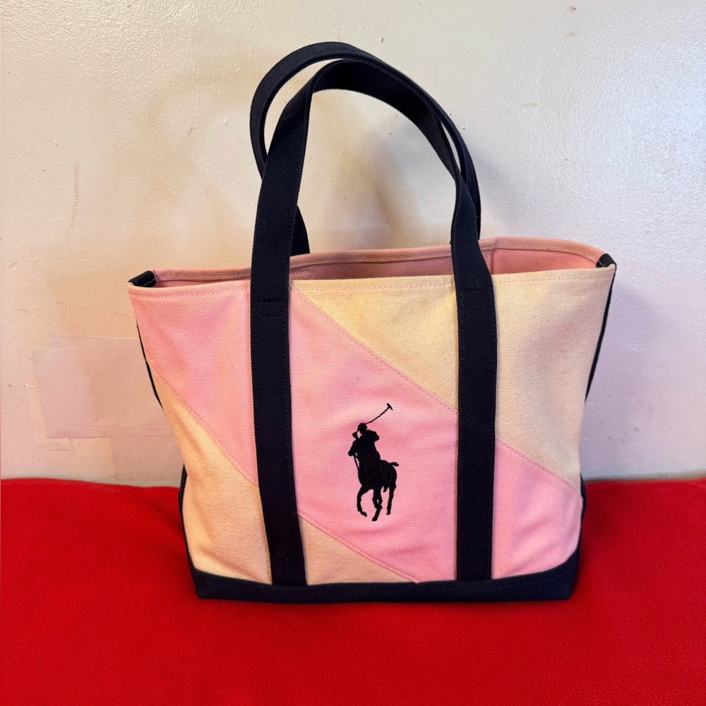 Ralph Lauren Embroidered Pony Canvas Tote Bag Pink/ Cream/ blue Tone